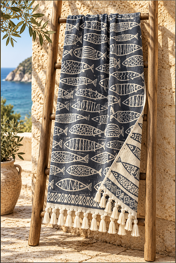 Aegean Charcoal Fish Three-Layer Jacquard Muslin Peshtemal - 1
