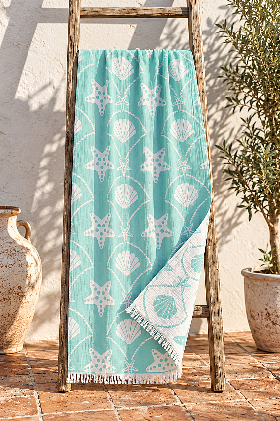 Aqua Shell Four-Layer Jacquard Muslin Peshtemal - 1