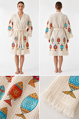 Balık Desenli Serigrafi Baskılı Müslin Kaftan - 2