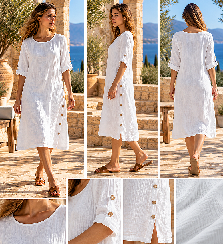 Button Detail White Muslin Dress - 2