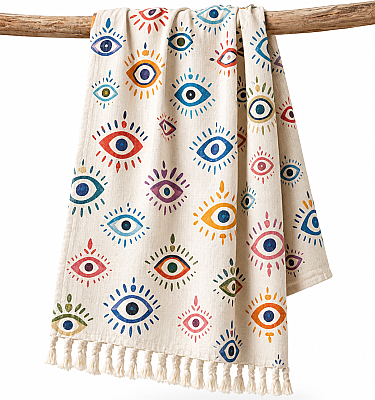Colorful Eye Stone-Printed Muslin Peshtemal – Natural