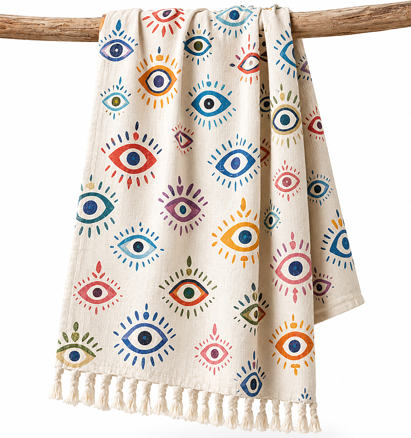 Colorful Eye Stone-Printed Muslin Peshtemal – Natural - 1