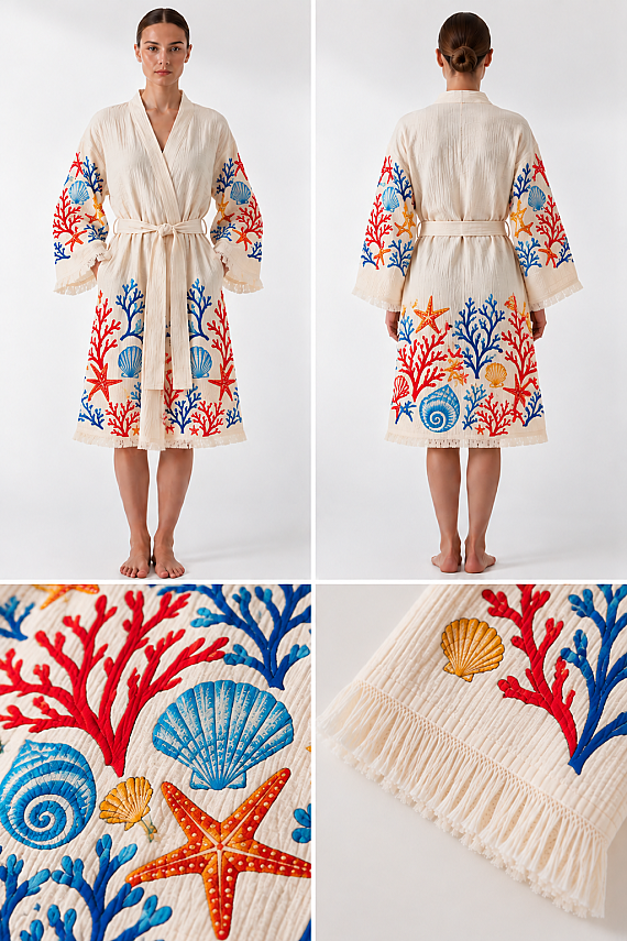 Coral Reef Print Muslin Kimono Robe - 2