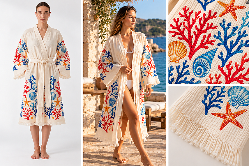 Coral Reef Print Muslin Kimono Robe - 3