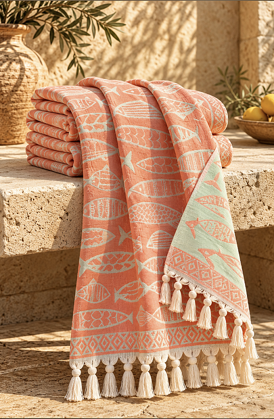Coral Reef Three-Layer Jacquard Muslin Peshtemal - 2