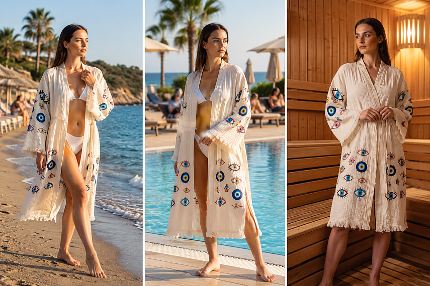 Evil Eye Print Muslin Kimono Robe - 3