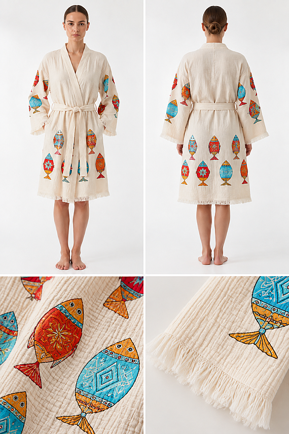 Fish Print Muslin Kimono Robe - 2