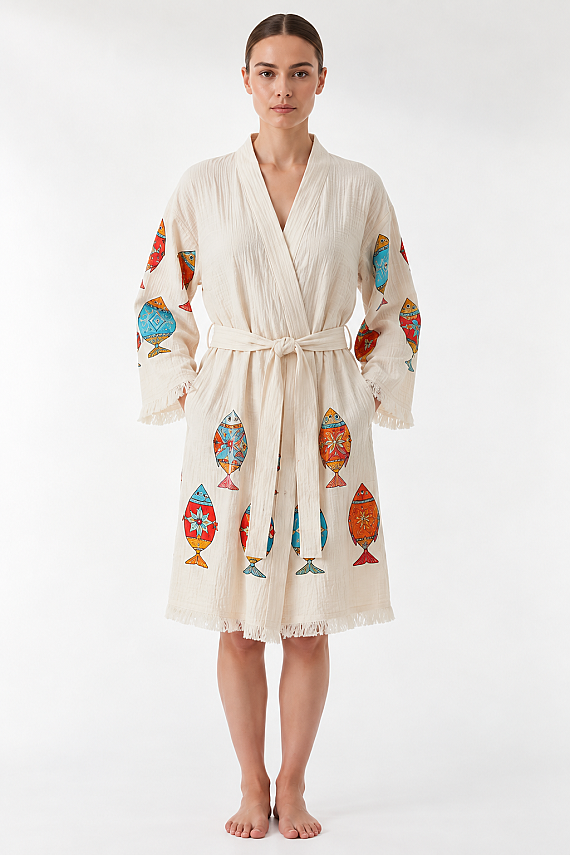 Fish Print Muslin Kimono Robe - 3