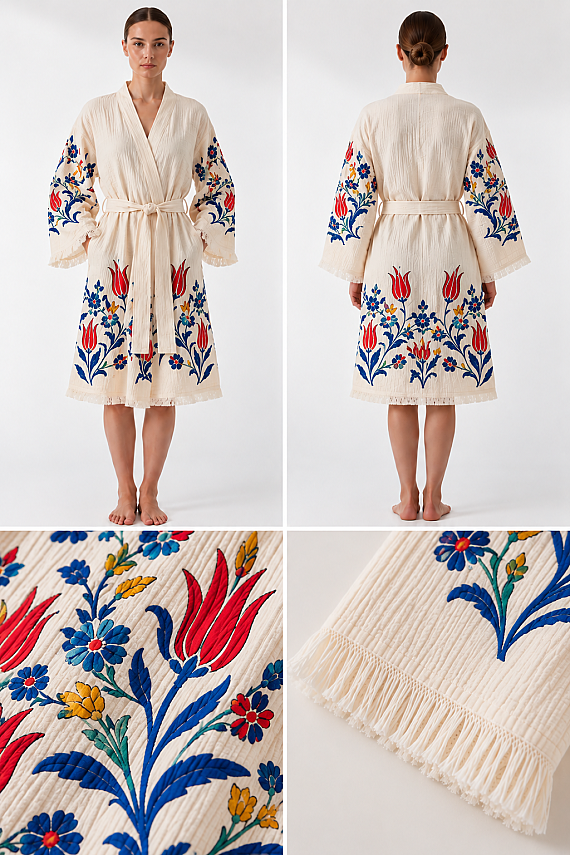 İznik Çiçek Desenli Serigrafi Baskılı Müslin Kaftan - 2
