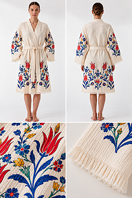 Iznik Floral Print Muslin Kimono Robe - 2