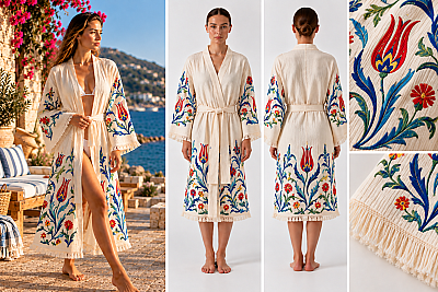 İznik Lale Desenli Serigrafi Baskılı Müslin Kaftan - 3