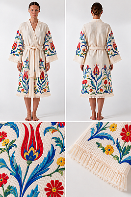 Iznik Tulip Print Muslin Kimono Robe - 2