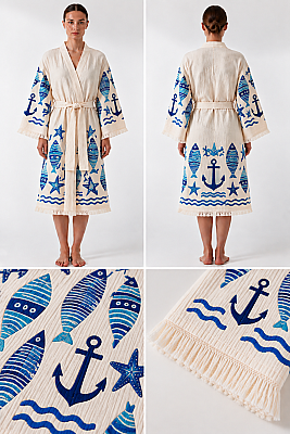 Mavi Balık & Çapa Desenli Serigrafi Baskılı Müslin Kaftan - 3