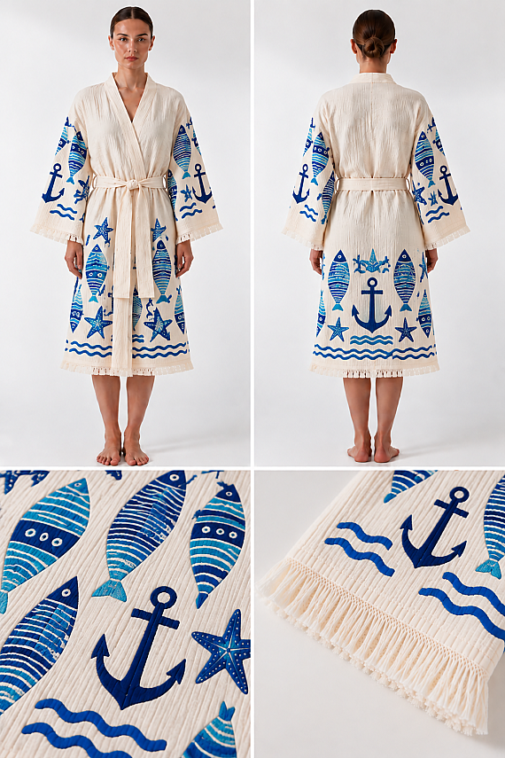 Mavi Balık & Çapa Desenli Serigrafi Baskılı Müslin Kaftan - 3