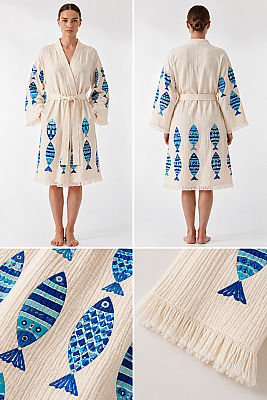 Mavi Balık Desenli Serigrafi Baskılı Müslin Kaftan - 2