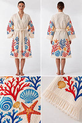 Mercan Desenli Serigrafi Baskılı Müslin Kaftan - 2