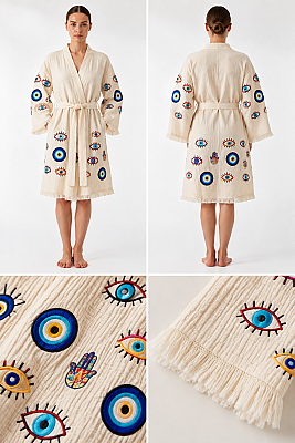 Nazar Desenli Serigrafi Baskılı Müslin Kaftan - 2