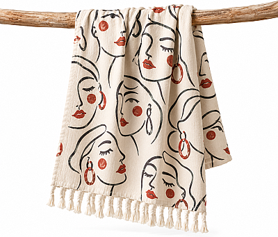 Woman Face Stone-Printed Muslin Peshtemal – Natural